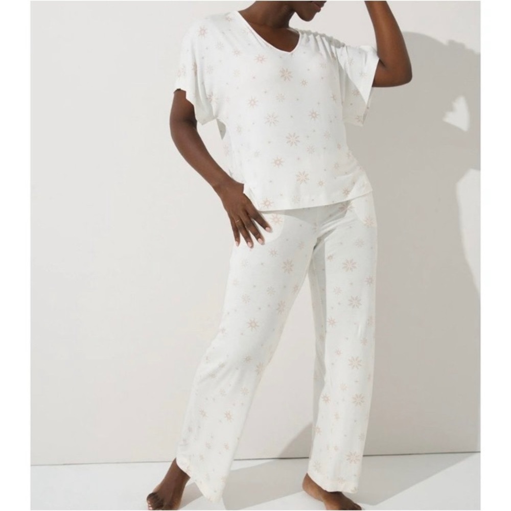 NWT Soma Cool Nights Boxy Tee & Wide Leg Pajama Set Sparkle Star Ivory